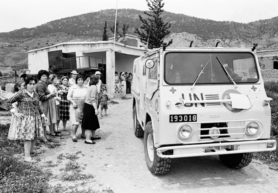A Turkish Cypriot patient being carried by Unficyp ambulance to the Turkish general hospital in Nicosia in 1965