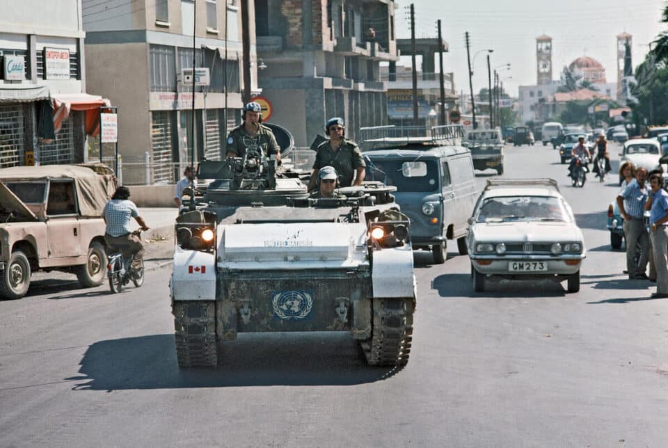 Members of the Canadian contingent in a lynx  armoured vehicle patrolling the green line in Nicosia in 1974