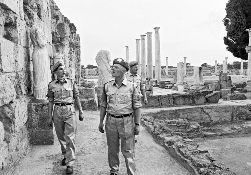 A group of Irish soldiers serving with Unficyp stroll through the ruins of the ancient city of Salamis in 1964