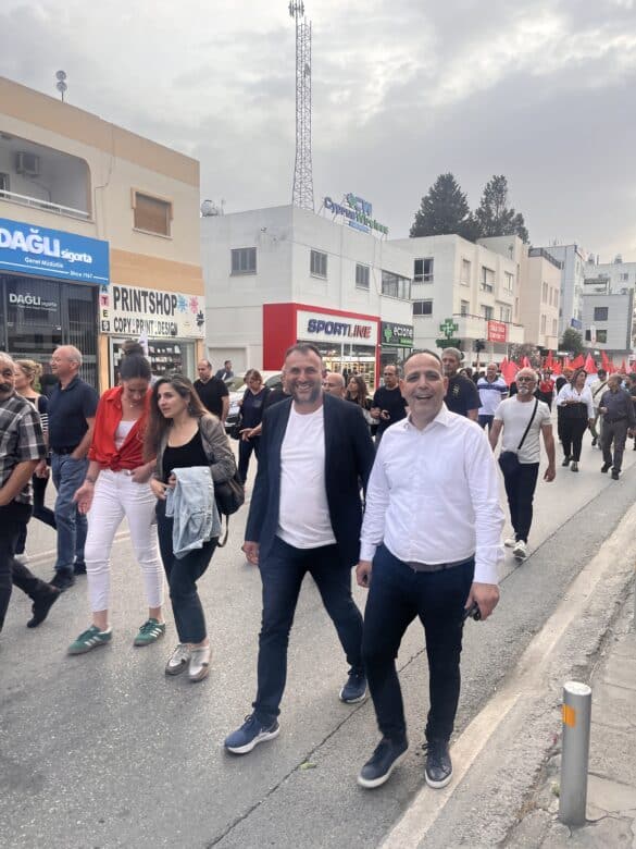 Opposition party TDP leader Zeki Celer (left) and Turkish Cypriot Nicosia mayor Mehmet Harmanci