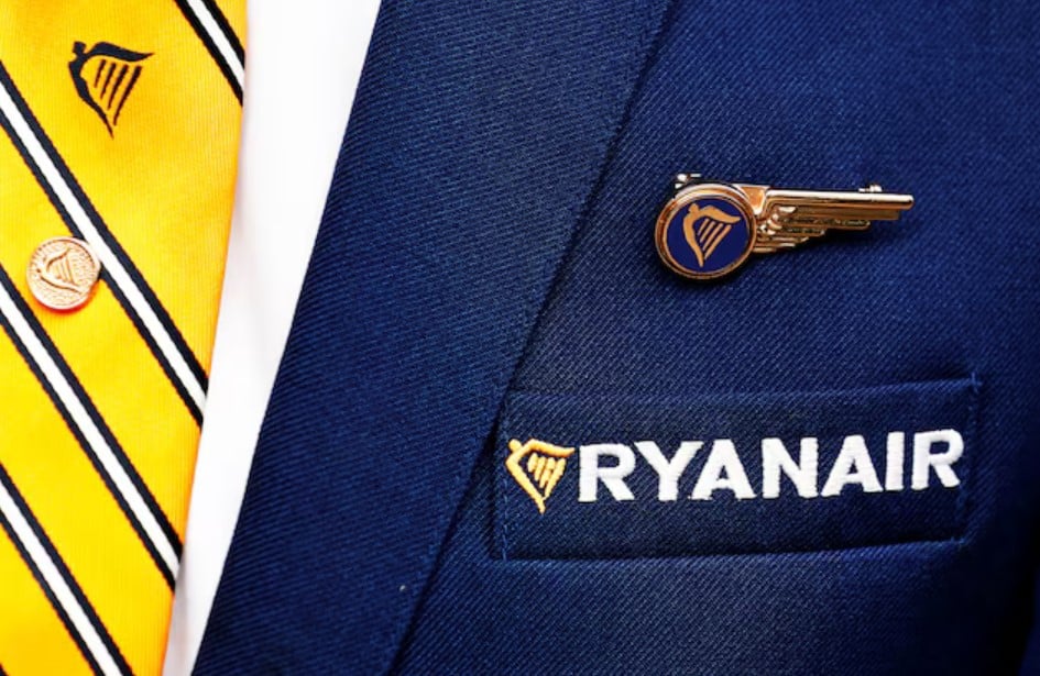 Ryanair logo is pictured on the the jacket of a cabin crew member ahead of a news conference by Ryanair union representatives in Brussels, Belgium September 13, 2018. REUTERS/Francois Lenoir/