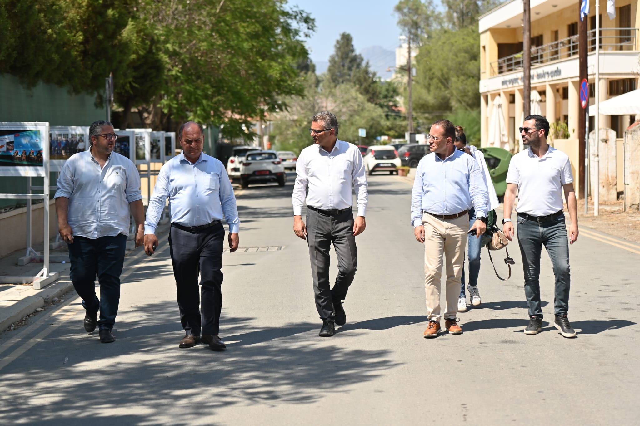(Left to right) Turkish Cypriot Kyrenia mayor Murat Senkul, Turkish Cypriot Kythrea and Louroujina mayor Ali Karavezirler, CTP leader Tufan Erhurman, CTP secretary-general Erkut Sahali, and CTP 'MP' Urun Solyali crossing to the Republic at the Ledra palace crossing point, on their way to Limassol