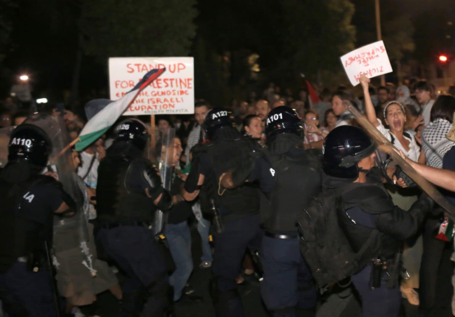 cover Police tussle with demonstrators at pro-Gaza flotilla protest