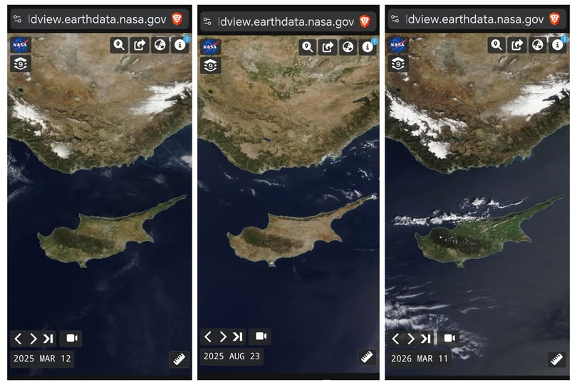image Satellite images show how rainfall turned Cyprus green