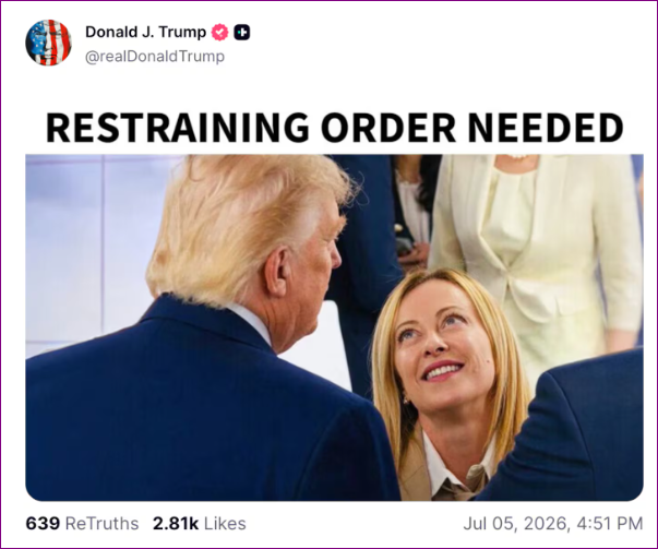 cover Trump renews feud with Giorgia Meloni, says &#8216;restraining order needed&#8217;
