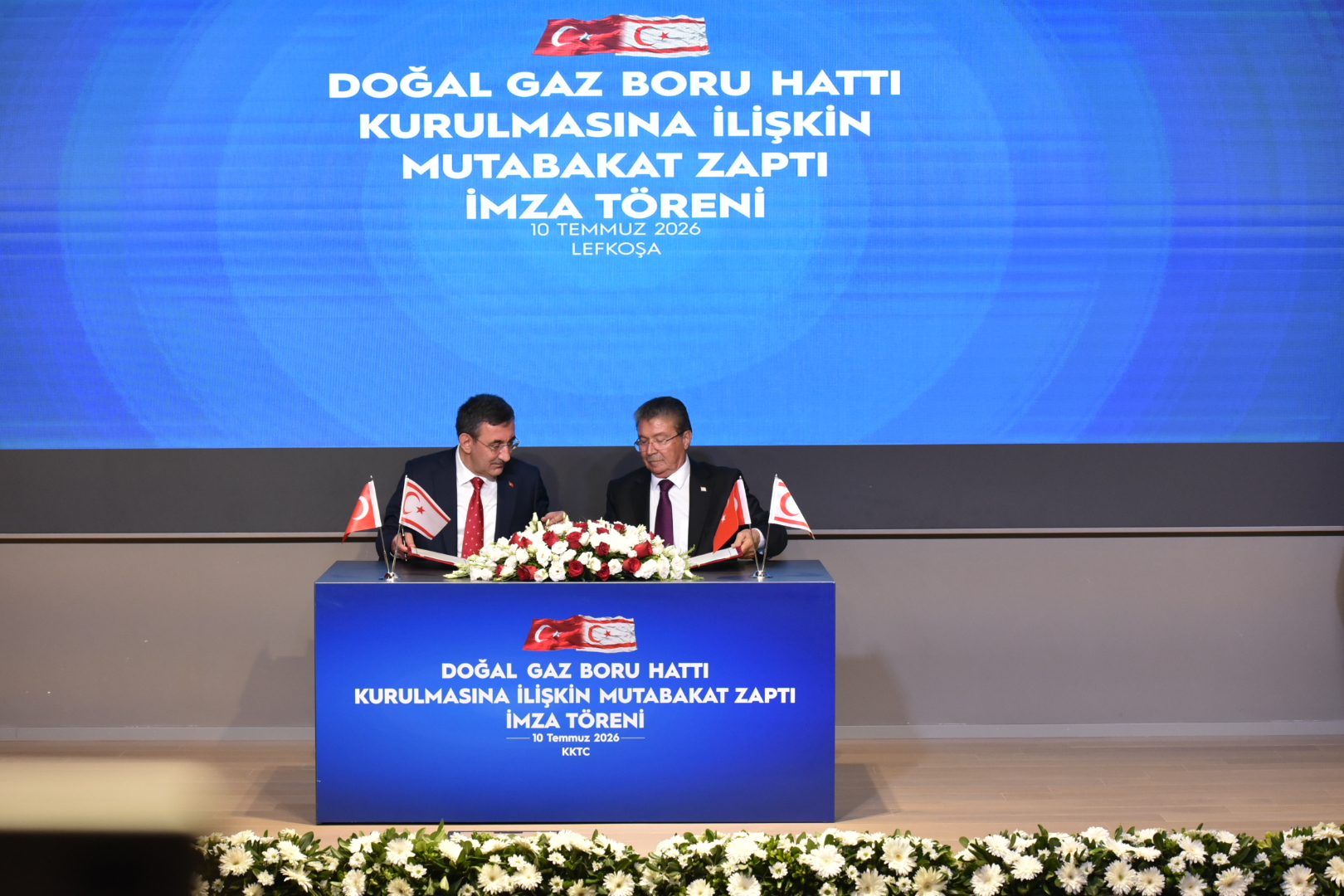 Turkish Vice President Cevdet Yilmaz and Turkish Cypriot 'prime minister' Unal Ustel at the natural gas pipeline's signing ceremony